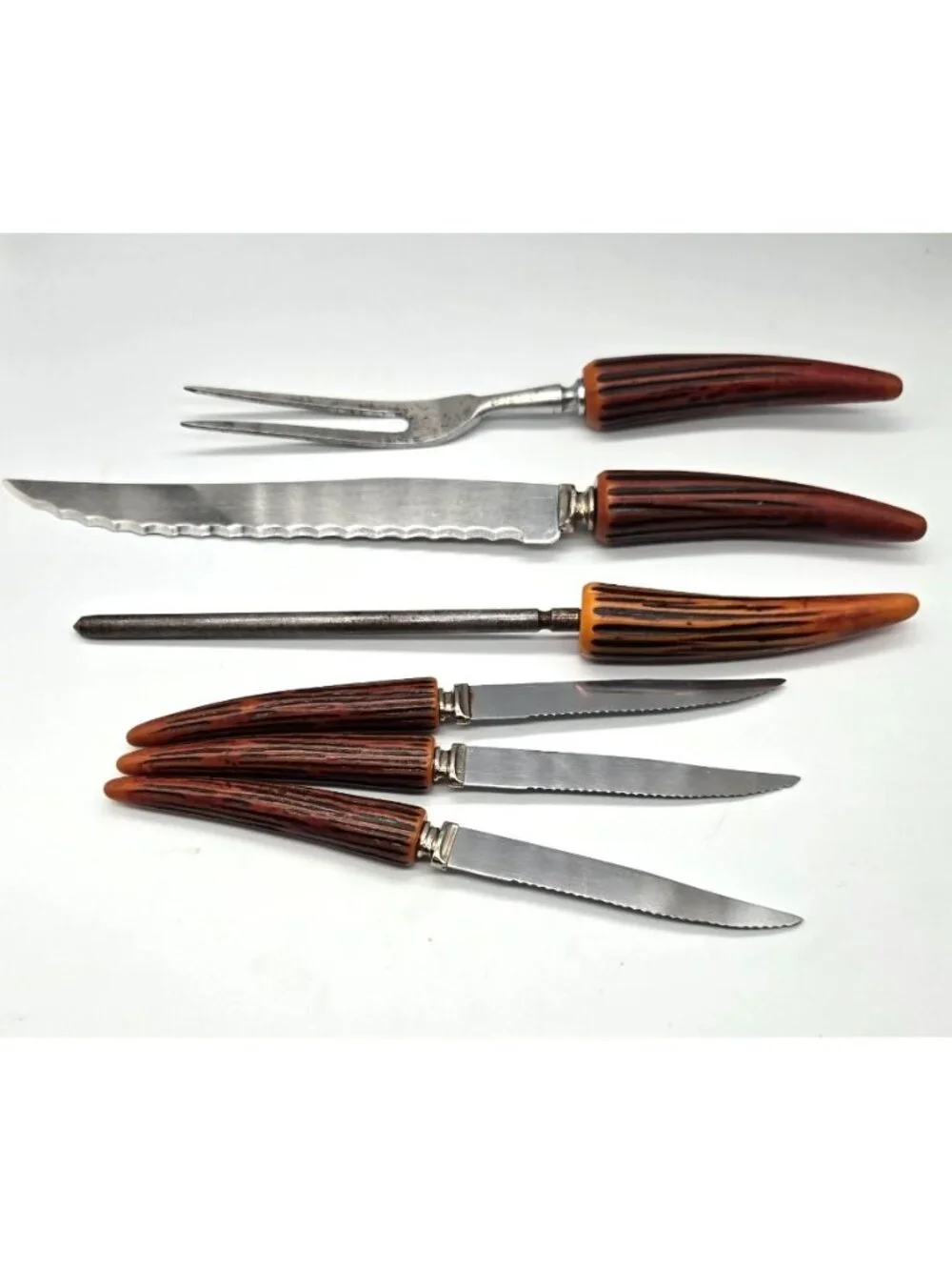 Vintage Regent Sheffield Carving Set 6 Pc Faux Stag Horn Handle Steak Knives
